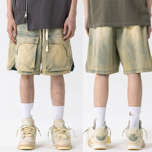 100% coton Shorts haute qualité taille élastique Logo personnalisé Cargo Jean Shorts foncé Vintage lavé grande taille hommes Shorts - Product Image 2