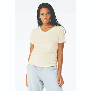 เสื้อยืดคอวีแขนสั้นผ้าแคนวาสสี100% ระบายอากาศได้ดีแห้งเร็วผ้าแคนวาสแขนสั้นพิมพ์ลายโลโก้ตามสั่ง - Product Image 1