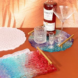 RÉSINE PLATEAU MOULE Ensemble 1Pc Résine Plateau Moule Livré avec 4 Pcs Coaster Moules et 2Pcs Argent Poignées DIY Décoration de La Maison - Product Image 6