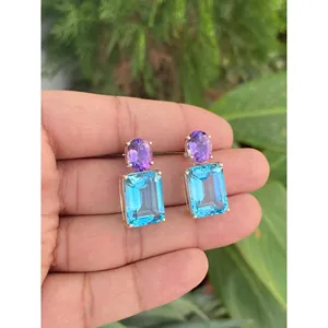 925 Sterling Silver <b>Drop</b> <b>Earrings</b> with Blue Topaz & Amethyst Fashion Jewelry - Product Image 2