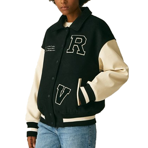 Chaqueta universitaria personalizada para hombre y mujer al por mayor, Mangas de cuero cálidas de primera calidad, parches tejidos de chenilla de poliéster bordados en lana - Product Image 1