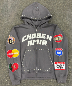 Sudadera con capucha y cremallera con diamantes de imitación y perlas personalizadas, parche bordado, ropa de calle lavada con ácido, sudaderas con capucha con diamantes de imitación y cremallera de peso pesado - Product Image 2