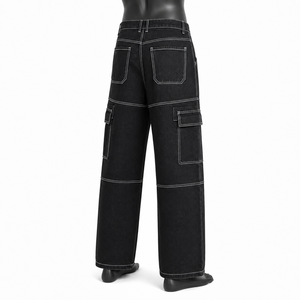 Jeans cargo en denim noir avec logo personnalisé, de haute qualité, à jambes larges, multi-poches, pantalon streetwear pour hommes - Product Image 3