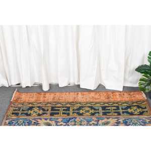 Tapis Vintage en Laine Bleu Orange 1.5 X 3.8ft Classique Turc Tabriz Large Zone Patchwork Motif Latex pour Couloir Chambre Décor - Product Image 2