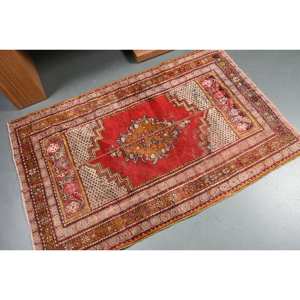 Tapis Kilim en laine rouge beige oriental 3.4X5.2 pieds Tapis rectangulaires turcs de grande surface Latex 10mm 100% laine 100% fait à la main 100% - Product Image 2