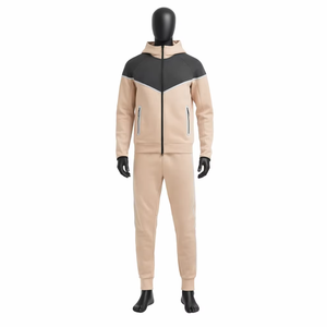 Conjunto Deportivo Unisex con Capucha, Cierre Completo con Cremallera, Estilo Casual para Correr, Color Beige Gris, Algodón, Ropa de Invierno, Secado Rápido, Ligero y Elástico - Product Image 1