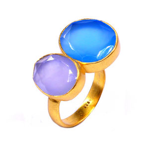 Vintage 925 Sterling Silver Double Stone Blue Chalcedonia Moonstone Gold Plated Engagement Gemstone for Anniversary Classic - Product Image 1