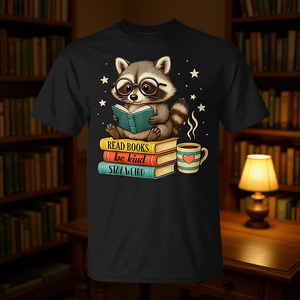 T-shirt per amanti dei libri con procione che legge, T-shirt promozionale Be Kind - Product Image 3