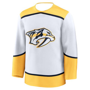 Camiseta de Hockey - Blanca con Detalles Amarillos/Azul Marino, Logotipo de Cabeza de Depredador, Diseño Clásico a Rayas, Camiseta Deportiva con Estampados 3D HD - Product Image 2