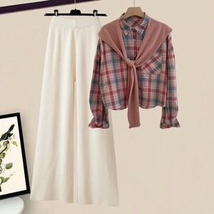 Primavera otoño mujer tres piezas pantalones blusa suelta Camisa + suéter + cintura alta pantalones de pierna ancha Vintage Casual conjunto de tres piezas - Product Image 1