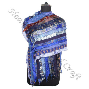 Seda reciclada Sari 15 tiras diseñador bufandas hechas a mano estola chales SC670 seda fina al por mayor reciclado Vintage Sari bufanda femenina - Product Image 5