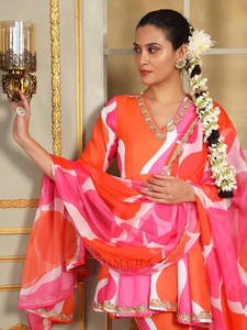 SAADGI Rangeen Casual Fit Flare Dress Set Half Sleeve Cotton & Organza Natural Waistline Hollow Out Sharara Set For Women - Product Image 3
