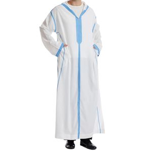 Thobe blanc élégant pour hommes, avec passepoil bleu ciel, Jubba islamique, Kandura saoudien, Dishdasha arabe, col en V, manches longues, vêtements de prière - Product Image 3