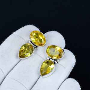 Boucles d'oreilles pendantes uniques en argent sterling 925 massif avec pierres précieuses en citrine jaune, cadeaux d'anniversaire et de Noël - Product Image 2