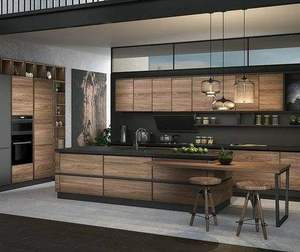 Modern Minimal Grey Modular <b>Kitchen</b> With Large Island <b>White</b> Countertop Built In <b>Appliances</b> And Premium Interior Design - Product Image 2
