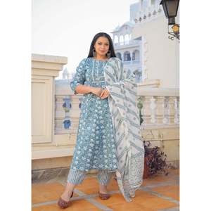 ชุด anarkali kurta พิมพ์ลายดอกไม้พร้อมกางเกงและชุด dupatta สีฟ้า - Product Image 1