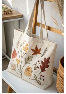 Bolsa de Mano de Lona de Algodón Bordada con Hojas Otoñales en Beige Natural con Diseño Floral Multicolor para Uso Diario - Product Image 2