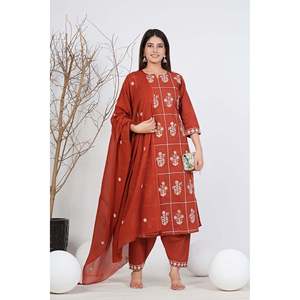 Women Cotton Embroidered Chiffon Kurta Set Casual Style Elegant Ethnic Wear <b>Kurti</b> with Dupatta 3/4 Sleeves Outfit - Product Image 1