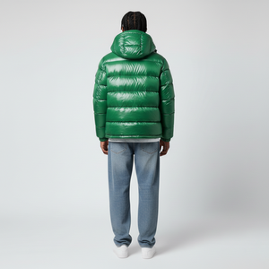 Veste bomber métallique imperméable à col rabattable et capuche amovible, couleur verte brillante, impression personnalisée en gros - Product Image 2