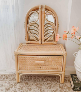 Rattan <b>Makeup</b> <b>Mirror</b> Vanity Table With Drawer Arch Shape Bohemian Style Handmade For Home Use - Product Image 6