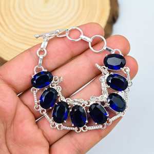 Pulsera de zafiro azul real de Plata de Ley 925, joyería de piedras preciosas facetadas ovaladas ajustables hechas a mano para regalo de fiesta cristiana - Product Image 6