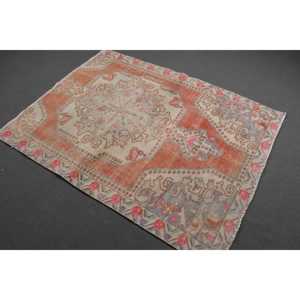 Turkish Vintage Rug 4.4x5.5 ft, <b>Brown</b> Bordered <b>Wool</b> Rug - Product Image 1