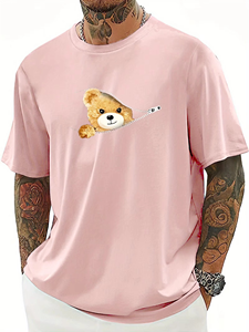 เสื้อยืดคอกลมแขนสั้นสำหรับผู้ชาย, เสื้อยืดคอกลมแขนสั้นพิมพ์ลายหมีน่ารักทรงหลวมลำลองสำหรับฤดูร้อน - Product Image 3