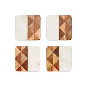 Ensemble de tapis de tasse carré en marbre blanc naturel de style classique avec bois pour la maison et la cuisine - Product Image 1