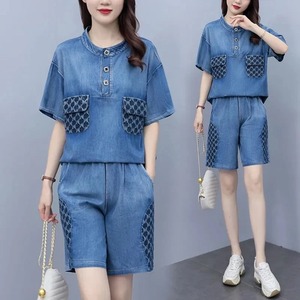 Ensemble 2 pièces pour femmes 2024 Summer Large Size Female Denim Jacket Top Grade Cowboy shorts Ladies 2PCS - Product Image 1