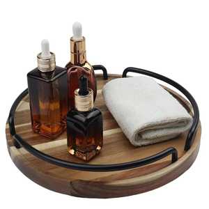 Élégant plateau rond en bois d'acacia avec poignées en métal Plateau de service artisanal pour le petit-déjeuner, les collations ou l'affichage de la table basse - Product Image 5