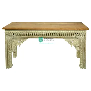 最畅销的木制白色仿旧控制台桌，带天然木质顶部新设计的手工雕刻家居家具