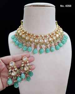 Proveedor indio Heavy Mint Green Kundan collar conjunto AD CZ perlas latón joyería oro étnico para Niñas Ropa de fiesta para mujeres - Product Image 1