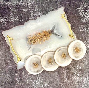 Plateau de mariage Art Déco de luxe en bois avec feuilles d'or et fleurs séchées, poignée en cristal, multifonctionnel - Product Image 6