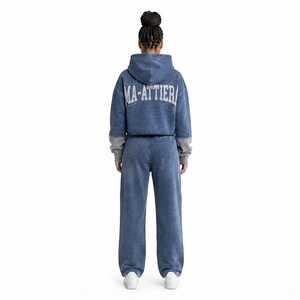 Conjunto de Sudadera Corta Azul con Efecto Ácido y Pantalones Jogger de Pierna Ancha para Mujer, de Algodón y Felpa, Estilo Urbano, Venta al por Mayor OEM - Product Image 2