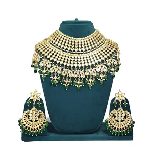 Juego de Collar de Novia de Acero Inoxidable con Perlas Verdes Chapadas en Oro y Kundan, Joyería Fina con Circonita para Boda - Product Image 2