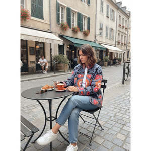 Veste à col montant Samarkand Bloom brodée à la main, motif floral Suzani en coton bleu ardoise et corail, taille XL, pour le printemps - Product Image 5