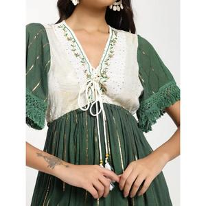 Vestido Mini Boho Verde para Mujer, con Cordones, Cuello en V, Vestido Escalonado con Flecos, Manga Corta, Ropa Casual para Vacaciones - Product Image 3