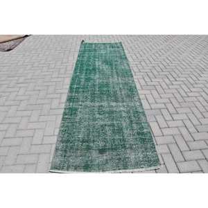 Alfombra Turca Vintage de Lana Verde Ecológica de Pelo Medio, 31 x 102 pies, Diseño Clásico Rectangular Grande con Parches para Comedor - Product Image 1