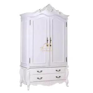 Kleider schrank Wunderschön geschnitzter Massivholz schrank Weiße Farbe Französischer Stil für Schlafzimmer möbel