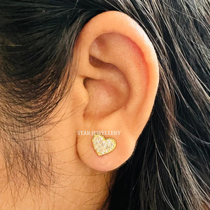 14K Solid <b>Gold</b> Baguette Natural Diamond Solid <b>Gold</b> <b>Heart</b> Stud Piercing Fine Jewelry. - Product Image 5