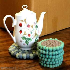 "Set of One 17 cm Felt Ball Trivet and Six 10 cm Felt Ball <b>Coaster</b>"-Handmade Natural Wool <b>Coaster</b> Set Soft Felt <b>Coaster</b> Set - Product Image 2