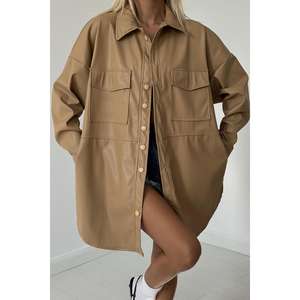 เสื้อแจ็คเก็ตหนังสีเบจแบบขายส่ง พร้อมกระดุมแป๊กและกระเป๋า - Product Image 2