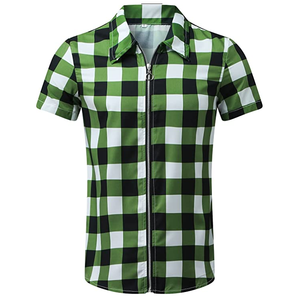 Camisas de los hombres de estilo vintage de franela con cuello vuelto cremallera frontal Casual Slim Fit manga corta camisa hawaiana - Product Image 5