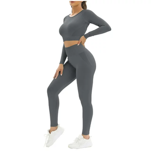 Chándal de Yoga y Fitness de manga larga de 2 piezas a cuadros para mujer, conjunto de entrenamiento de talla grande de estiramiento alto para invierno, MOQ 5 uds. - Product Image 6