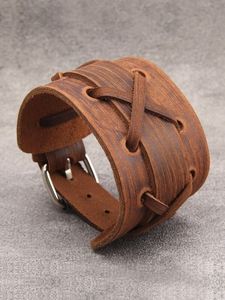 Venta al por mayor Vintage Punk diseño minimalista hombres pulsera negro marrón Real cuero genuino brazalete joyería para hombres - Product Image 5