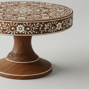 Support à dessert rond en bois incrusté d'os de luxe, fait à la main, design floral artistique pour des réceptions élégantes - Product Image 4