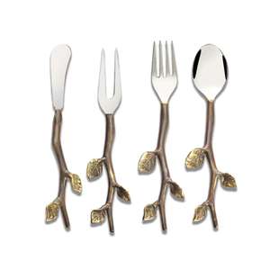 Juego de 4 cubiertos de acero inoxidable Ideal para cocina, mesa, regalo para el hogar, cubiertos chapados en Color plateado, mango de diseño de hoja - Product Image 1