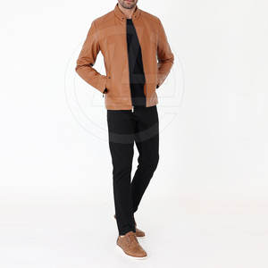 High Quality Sheep Skin Leather Trucker <b>Jacket</b> for <b>Men</b> with Zipper Front and Stand Collar <b>Canvas</b> Fabric - Product Image 2