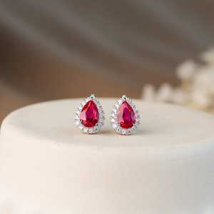 ต่างหูทับทิมแท้ลูกแพร์ตัดจากห้องแล็บจริง925ทับทิมเงินสเตอร์ลิง14K ชุบทองเครื่องประดับของขวัญสำหรับเธอ - Product Image 1