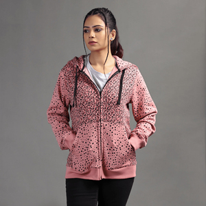 Wholesale <b>Women</b> Pink Zipper Hoodie with <b>Black</b> Dots Screen Printed Casual Fashion Hooded Sweatshirt Custom Logo OEM - Product Image 2